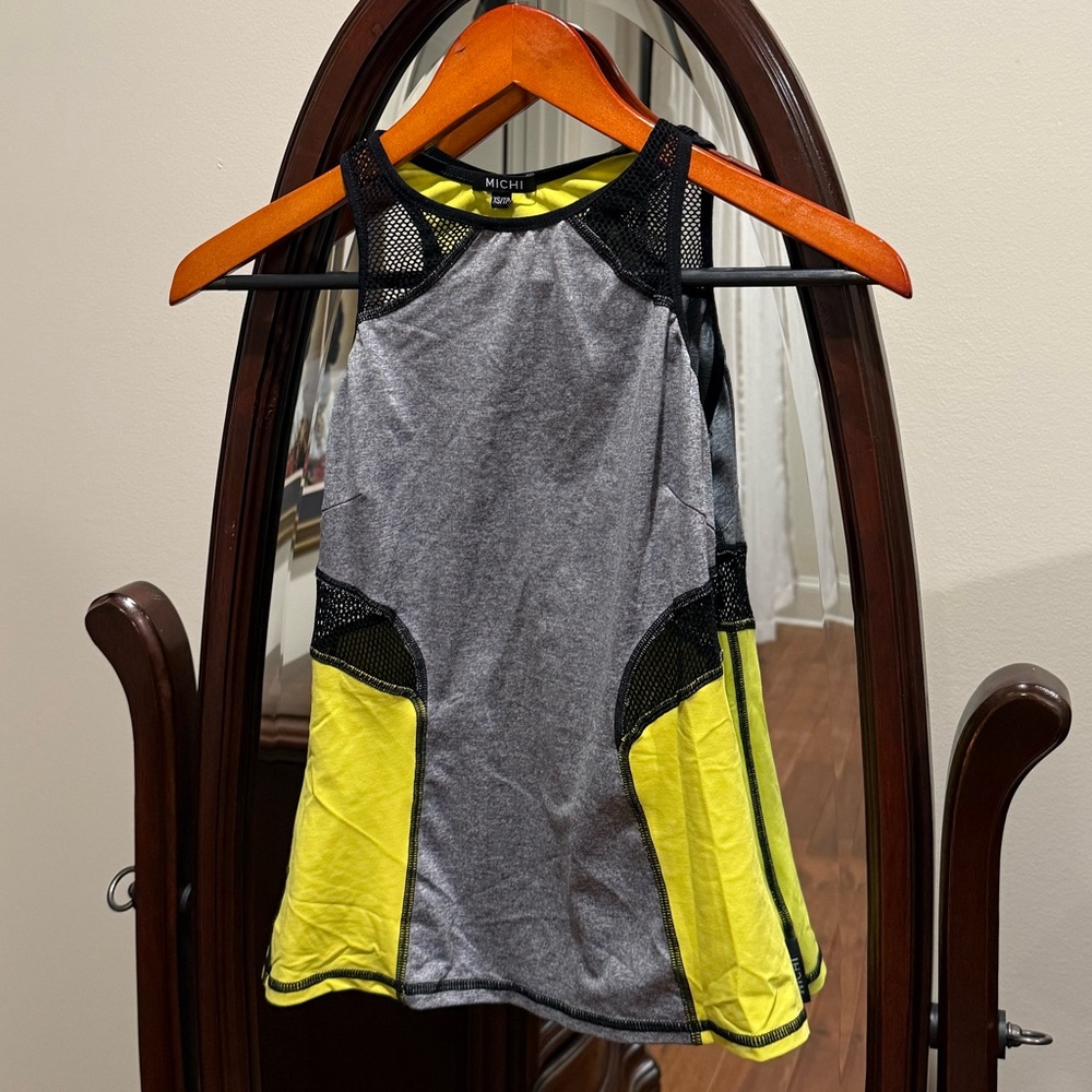 Michi Gray and Yellow Athletic Tank Top With Mesh Cutouts
